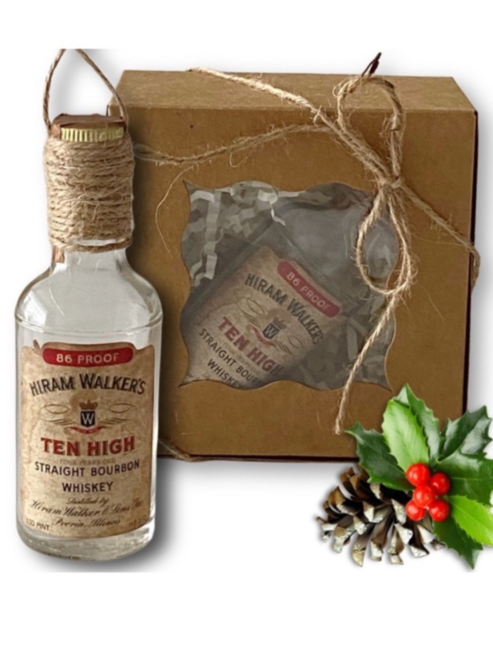 Hiram Walker's Bourbon Whiskey Artisan Vintage Miniature Glass Bottle Ornament